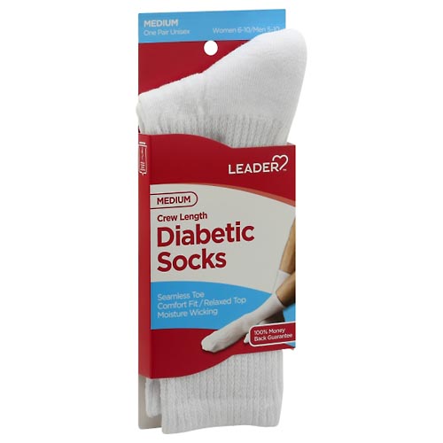 Image for Leader Diabetic Socks, Crew Length, White, Unisex, Medium,1pr from ABC Pharmacy