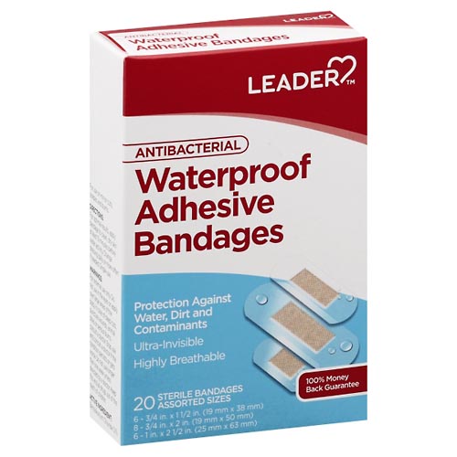 Image for Leader Adhesive Bandages, Antibacterial, Waterproof, Assorted Sizes,20ea from ABC Pharmacy